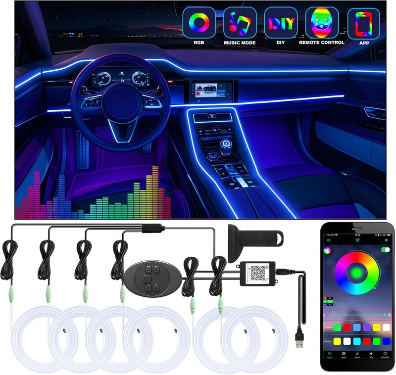 Fimker 6 in 1 Car Led Strip Lights with App Control, RGB Colors Interior Car Lights, Ambient Led Lighting Kit, 4 Light Flashing Modes, USB Neon Accessories for Doors, Center Console - Image 1